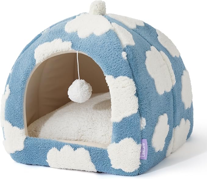 Lesure Cute Cat Beds for Indoor Cats - 2 in 1 Cat Cave Bed for Kittens and Small Pets with Removable Washable Cushioned Pillow, Cozy Kitten Tent with Non-Slip Bottom, Blue, 16 inches - Image 7