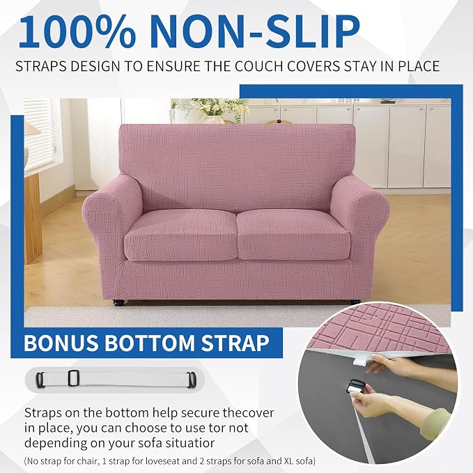 CYCMCAO 3 Piece Stretch Sofa Cover Couch Covers for 2 Cushion Couch, Non Slip Loveseat Covers, Sofa Covers Washable with Elastic Bottom for Kids, Dogs (Pink), 55"-69" (2 Cushion Loveseat) - Image 7