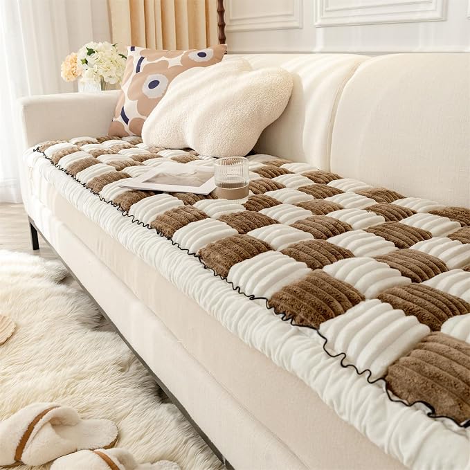 Fuzzy Couch Cover for Dog, Modern White Brown Checkered Couch Cushion Cover | Non Slip Couch Cover for 3 Cushion Couch Sofa Pet Friendly, Washable Sofa Cover Durable Anti-pilling Furniture Protector - Image 9