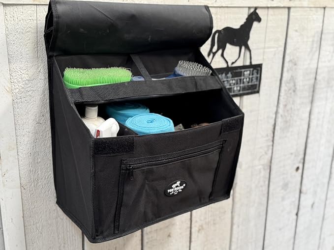 Stall Front Organizer Bag, Black, Multi-Compartment Storage, Horse Grooming Supply Holder with Top Loading Design - Image 8