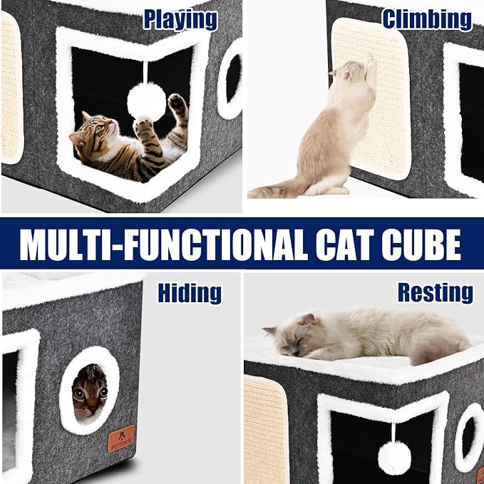 Felt Cat Cave Beds for Indoor Cats, Foldable Cat Hideaway with Scratch Pad and Fluffy Ball, Large Covered Cat House with Reversible Cushion for Multi Small Pet - Image 7