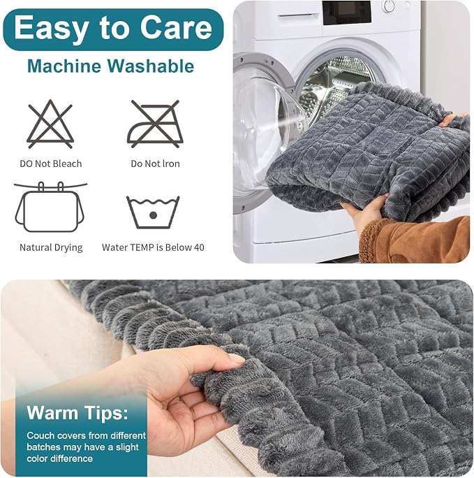 KRFOONN Couch Cover for Dogs Washable Sofa Covers for 3 Cushion Non-Slip Fuzzy Couch Cushion Covers Sofa Slipcovers Furniture Protector with Elastic Straps for Dogs Pets Mat (Dark Grey, 27.6" x 59") - Image 9