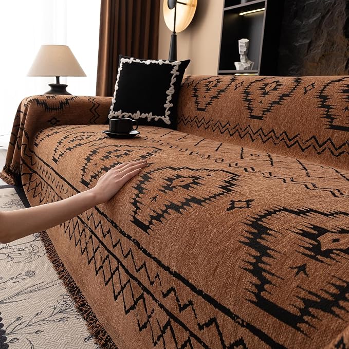 DREAMINGO Boho Couch Cover Sofa Covers for 3 Cushion Couch Jacquard Chenille Couch Cover Blanket Living Room Pet Furniture Protector Sectional Couch Covers for Dogs Washable, Brown, 71"x150" - Image 7