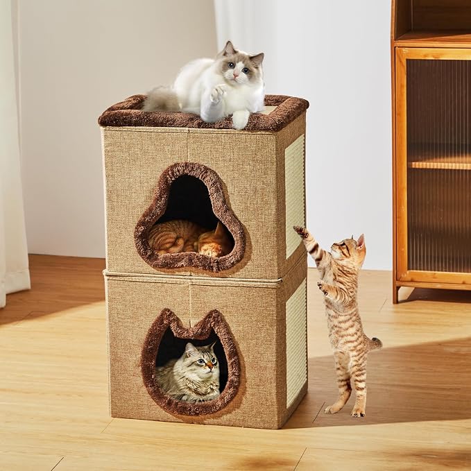 2-Tier Cat House for Indoor Cats Bed, Covered Cat Beds with Hideaway Cave and Scratch Pad, Foldable Modern Cat House for Multi Small Pet Large Kitten Kitty - Image 7