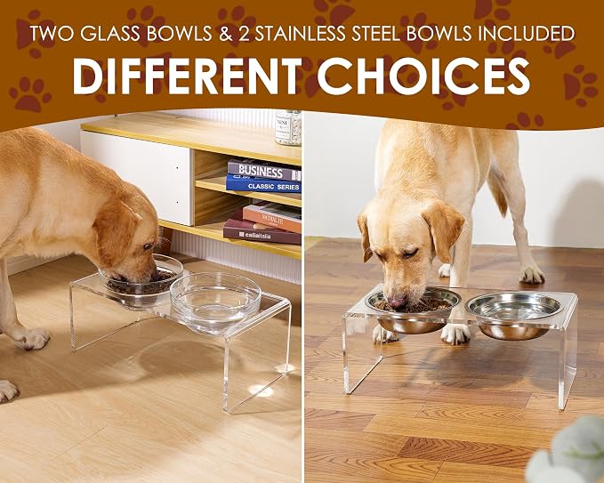 Acrylic Elevated Dog Cat Bowls Pet Feeder Double Bowl Raised Stand Comes with 2 Removable Glass Bowls and 2 Stainless Steel Bowls.Perfect for Large Dogs, 7.2" Tall - Image 8