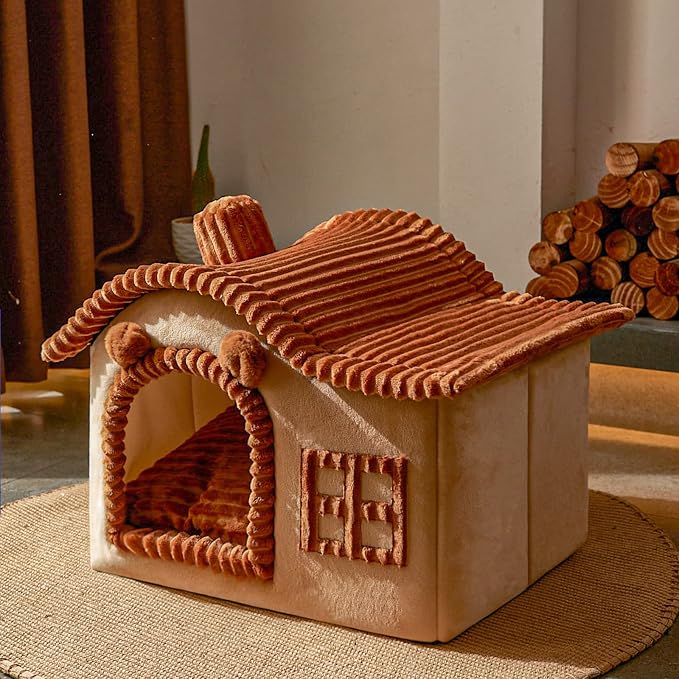 Jiupety Bear Cat Houses for Indoor Cats, Chimney Cute Cat Bed Cave, Enough Interior Space, Cartoon Soft Pet House Up to 3-10 lbs Kitten, Brown - Image 7