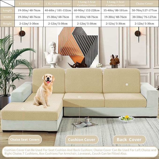 YEMYHOM Stretch Individual Cushion Covers Sofa Chair Seat Cushion Slipcovers Soft Couch Cover Replacement Large Checkered Furniture Protector with Elastic Bottom (1 Pc Cushion Cover, Light Beige) - Image 7