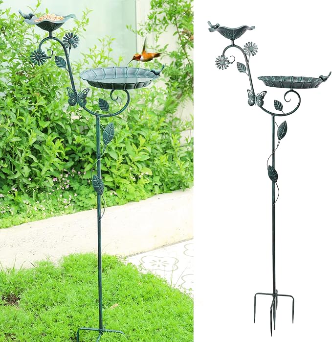 MUMTOP Bird Bath and Feeder for Outdoors, 53in Height Metal Birdbath Green | Antique Garden Bird Feeder and Bath with Stable Metal Stake for Outside Yard Lawn Decor, Metal Garden Bird Water Station - Image 7