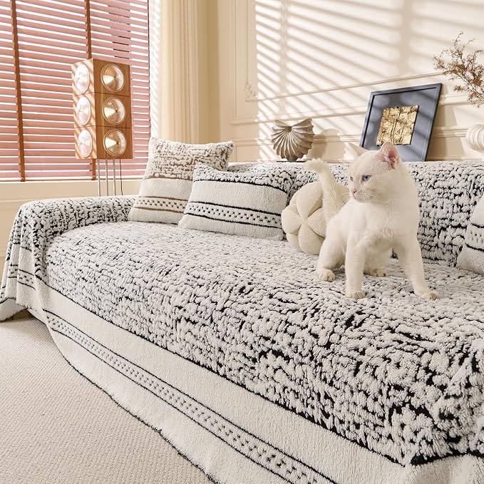 ROOMLIFE Thicked Striped Boho Black Couch Cover for 2-3 Cushion Sofa, Fuzzy Plush Warm Sofa Slipcovers Sectional Sofas Covers, Non Slip Washable Furniture Protector Soft with Tassel,Winter 71''X150” - Image 9