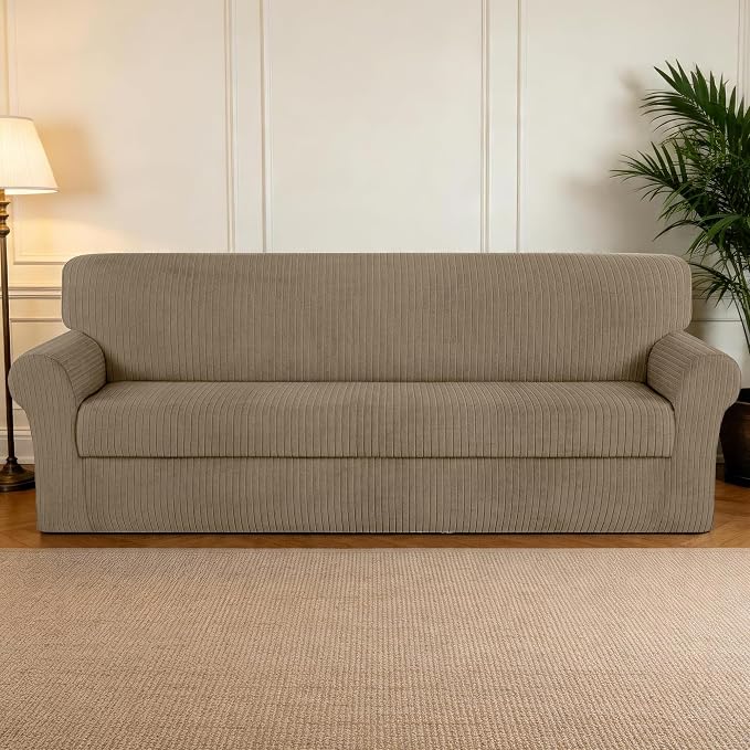 Oversized Sofa Cover Stretching Skid Resistance Couch Cover for Pets Washable, Thick and Durable Soft High Spandex Striped Pattern Sofa Covers (Oversized Sofa, Khaki) - Image 7