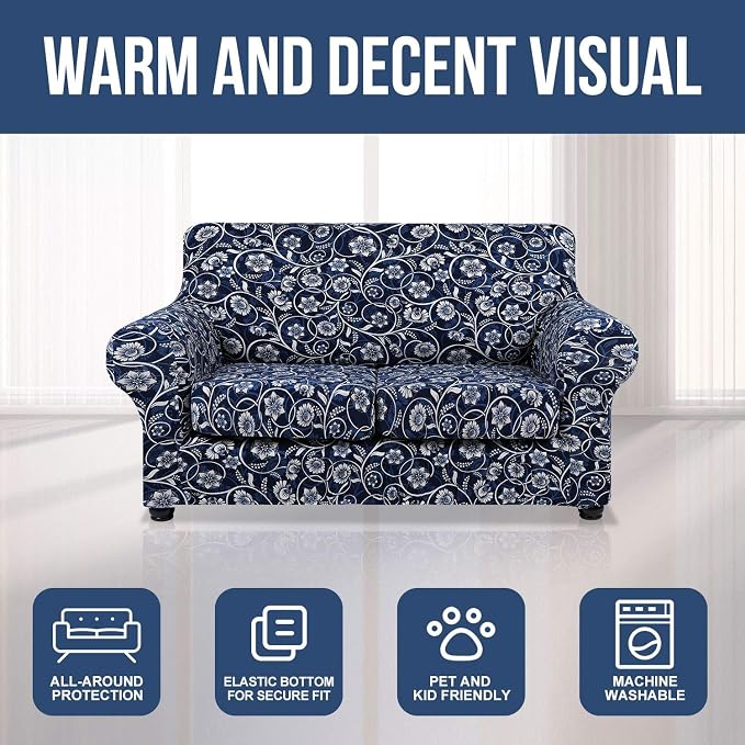 hyha Stretch Couch Cover, Sofa Covers for 2 Separate Cushion Couch Washable | Loveseat Cover, Floral Pattern, Printed, 3 Pieces, 2 Seater Furniture Protector with Elastic Bottom for Dogs, Pet Friendly - Image 8
