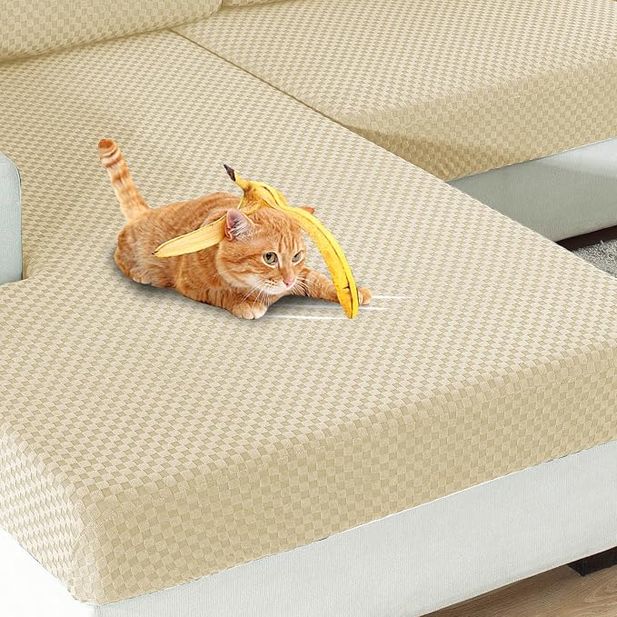 【Clearance】 Stretch Individual Cushion Covers Sofa Seat Cushion Slipcovers Soft Couch Cover Replacement Large Checkered Furniture Protector with Elastic Bottom (3 Pc Cushion Cover, Light Beige) - Image 7