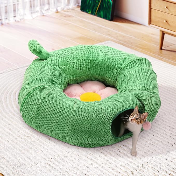 PEQULTI Cat Tunnel with Bed for Indoor Cats, Cat Play Donut Tunnel with Washable Soft Plush Flower Mat, Round Tube Toys Cute Tube for Kittens, Puppies, Rabbits and Ferrets, Green&Pink - Image 8