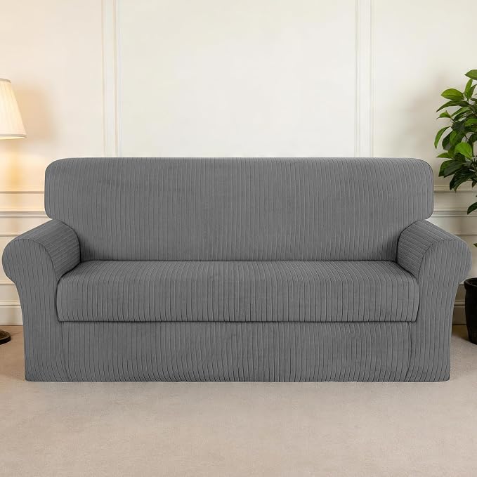 Sofa Cover Stretching Skid Resistance Couch Cover for Pets Washable, Thick and Durable Soft High Spandex Striped Pattern Sofa Covers, Form Fitted Sofa Slipcover(Sofa, Light Gray) - Image 7