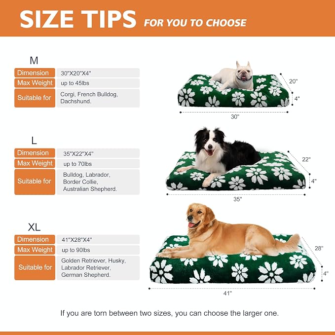 Cute Fluffy Dog Beds for Extra Large Dogs, 41"x 28", Green Flower | Thick Dog Bed for Crate Kennel, Pet Bed with Removable Washable Cover, Anti-Slip Bottom - Image 7