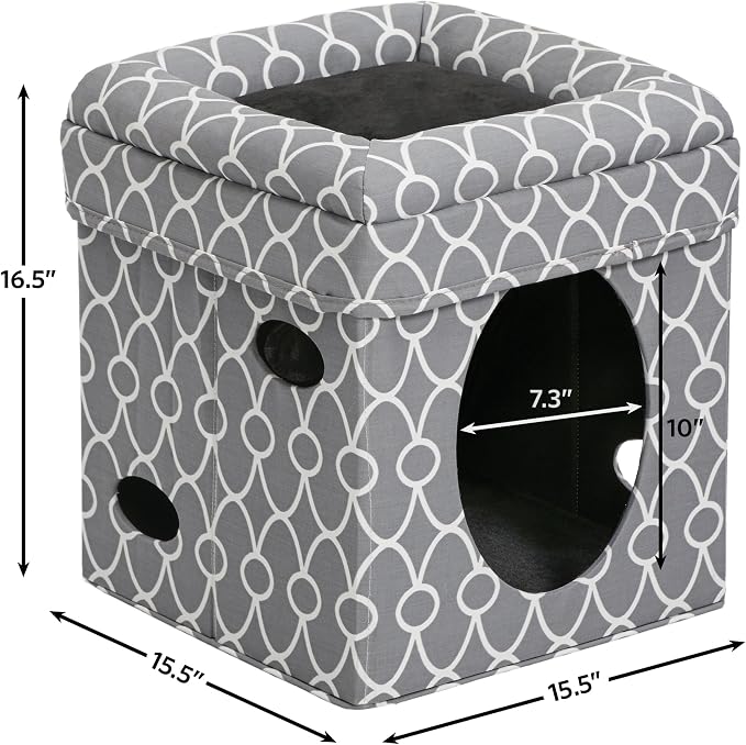 MidWest Homes for Pets Feline Nuvo Curious Cat Cube, Foldable Cat Hideout with Toy, Bolstered Bed Top, Gray Geo Print, Faux Fur - Image 6