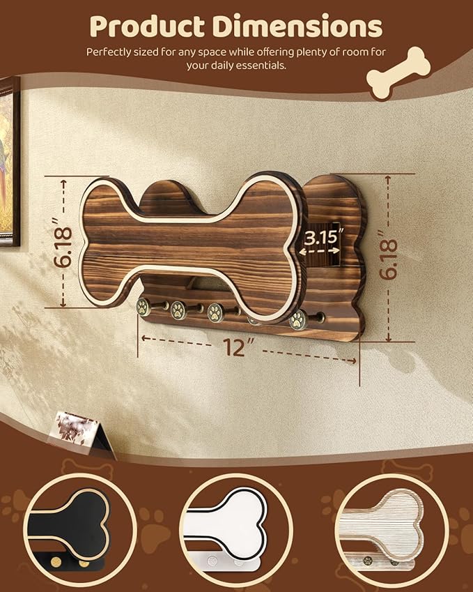 MTERSN Farmhouse Dog Leash Holder for Wall - Dog Stuff Organizer and Doggie Bone Key Holder Wall Mount with 5 Decorative 3D Puppy Paw Hooks & Storage Shelf - Ideal Home Decor (Brown) - Image 6