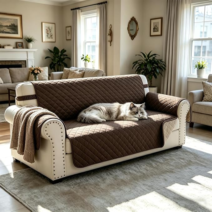 Reversible Couch Cover for 3 Cushion, Sofa, Chocolate/Beige | Couch Cover for Sofa, Pet Friendly Water Repellent Couch Sofa Cover, Washable Furniture Protector with Elastic Straps - Image 8