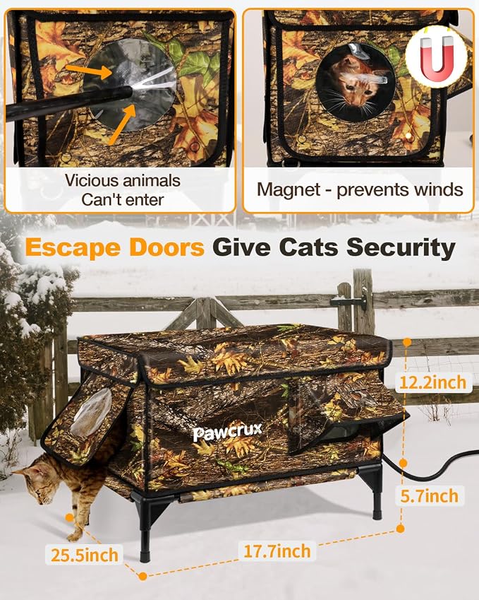 Weatherproof Heated Cat House for Outdoor in Winter, Heated Cat Bed Kitty Shelter with Cat Heating Pad, Insulated & Safe Escape Door, Warm House for Outside Stray Cat (Leaf Color, 17"x25"x17") - Image 6