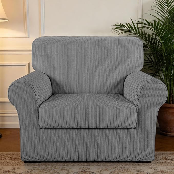Armchair Cover Stretching Skid Resistance Couch Cover for Pets Washable, Thick and Durable Soft High Spandex Striped Pattern Sofa Covers, Form Fitted Chair Slipcover(Armchair, Light Gray) - Image 7