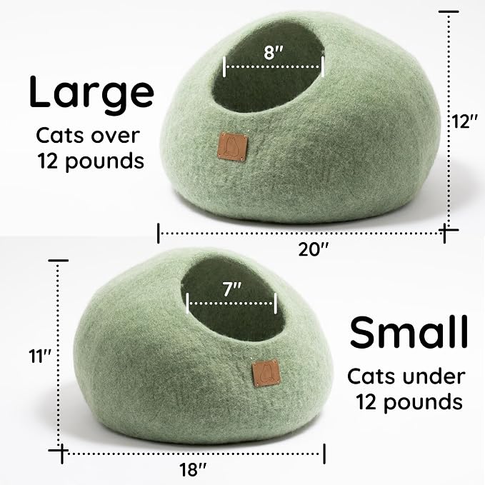 Extra Thick Felted Wool Cat Cave Bed Your Pet Will Love - Cozy and Warm Hideaway for Sleeping & Relaxing - Large and Small Pets - 100% Organic, Durable, Long-Lasting Comfort (Eucalyptus Green, Small) - Image 6