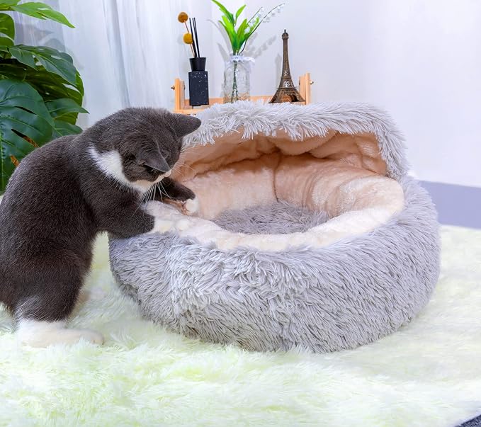 PetPals Round Cat Bed with Hoodie Cover and Removeable Washable Cushion | Super Soft Faux Fur Pet Bed with Cover for Puppies and Kittens or Ferrets Small Pets with Anti-Slip Bottom, Light Gray - Image 9