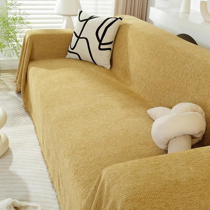 DREAMINGO Modern Minimalism Couch Cover Pets Loveseat Protector Mustard Yellow Chenille Sofa Covers for Sectional 3 Seat Couch Boho Herringbone Furniture Cover Throw Sofa Slipcover, 71"x118" - Image 7