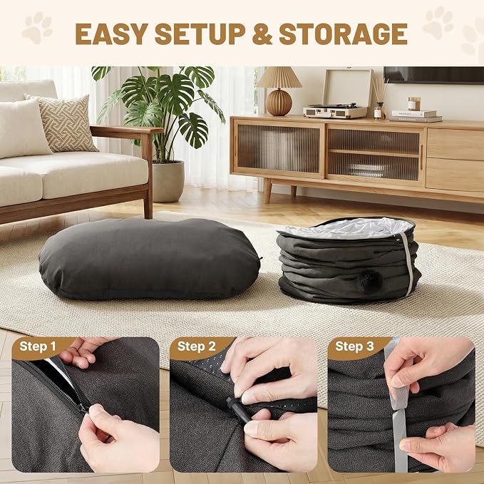 Extra Large Cat Tunnel, Cooling Natural Linen Big Tunnel for Large Cats, 47.2in Multi-Cat Family Long Cat Tunnel Bed with Washable Mat, Breathable & Durable Big Cat Tunnel for Cats, Dark Grey - Image 8