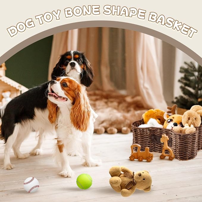 Barydat 2 Set Large Small Dog Toy Basket with Lid Bone Shaped Basket for Dog Natural Wicker Woven Handmade Pet Puppy Toy Organizer and Storage Box Bin for Cats(Wicker,Dark Brown) - Image 6