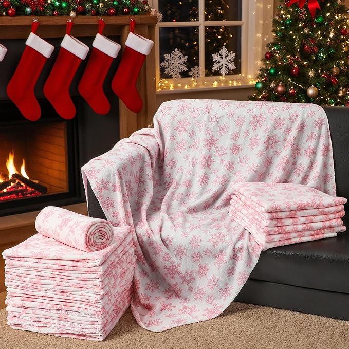 Preboun 24 Pack Bulk Christmas Soft Fleece Blankets 50 x 60 Inch Bulk Lightweight Warm Fleece Throw Blankets for Pet Bed Sofa Couch Office Wedding Gifts Travel (Pink Snowflake) - Image 6