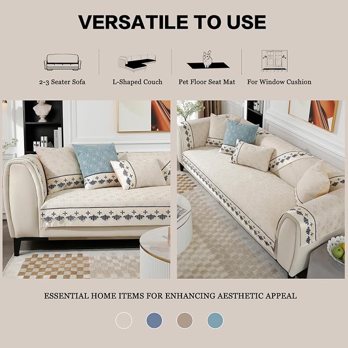 DREAMINGO Sofa Seat Cover, Washable Chenille Sofa Protector for Pets Kids, European Embroidery Jacquard 3 Cushion Couch Slipcover, Versatile Living Room Furniture Cover 35.4"x94.5", Beige - Image 7