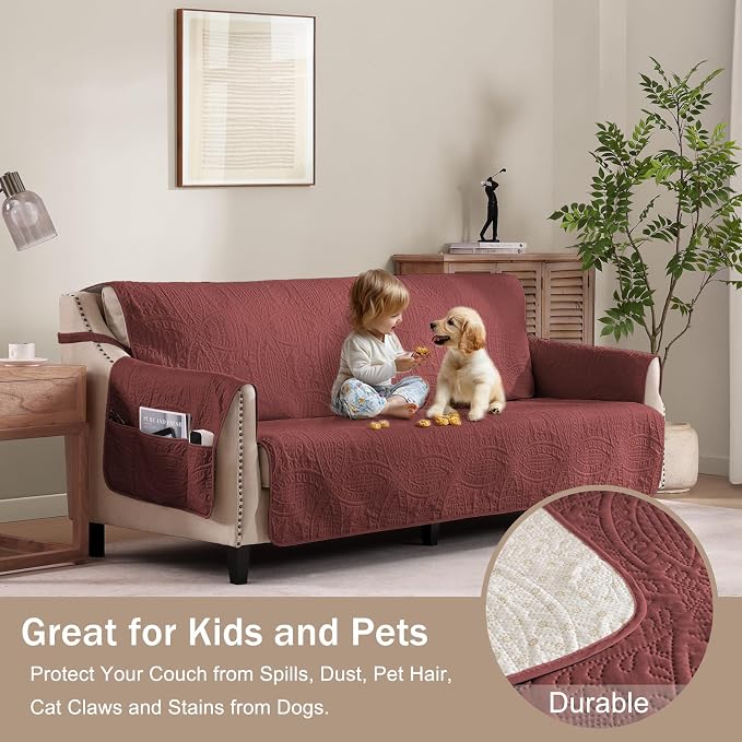 Soft Quilted Couch Cover with Pockets for Extra-Large Sofa, Anti-Slip Sofa Covers Washable for 3 Cushion Pet Friendly, Oversized Sofa Cover Water-Repellent (X-Large Sofa 78", Red) - Image 8