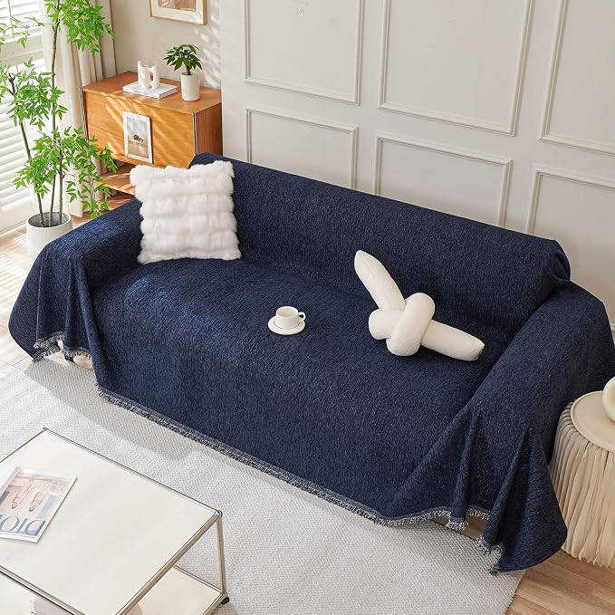 DREAMINGO Chenille Couch Cover Modern Solid Versatile Sofa Covers for 2 Cushion Couch Washable Furniture Protector Navy Blue Couch Cover Blanket for Loveseat Sectional with Tassel, 91"x118" - Image 7