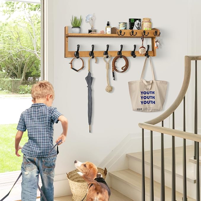 Coat Rack Wall Mount with Shelf, 27.5" Entryway Wall Hanging Shelf, Coat and Key Hanger with 10 Dual Hooks, Mail Organizer and Key Holder Hat Rack for Wall, Wood Coat Hooks with Storage - Image 9