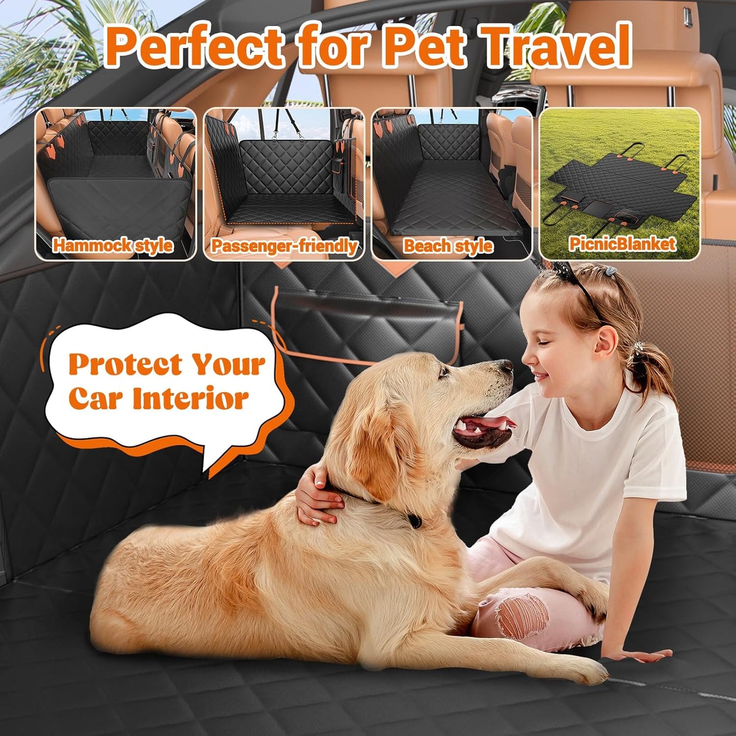 Back Seat Extender for Dogs Hard Bottom Holds 500lbs,Waterproof Dog Car Seat Cover for Back Seat, Truck-Large Space Dog Hammock for Truck