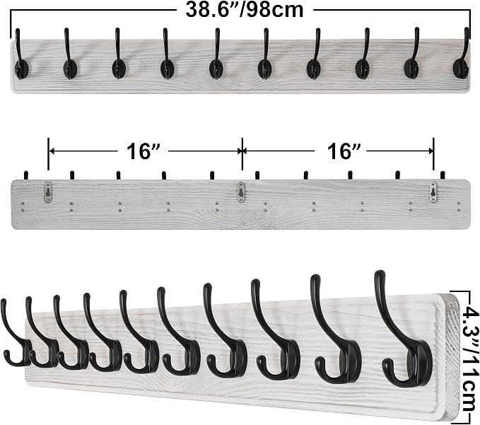 SKOLOO Rustic Wall Mounted Coat Rack, Case of 2, Pine Solid Wood Coat Hook Hanger - 10 Hooks for Hanging Clothes Robes Towels Coats - Image 6