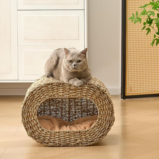Cat House,Handwoven Cat Cave Pet Cube, Natural Cat Beds Indoor Kitten House with Double-Sided Soft Cushions, Pet Cat House for Multiple Cats, for Living Room Bedroom - Image 7
