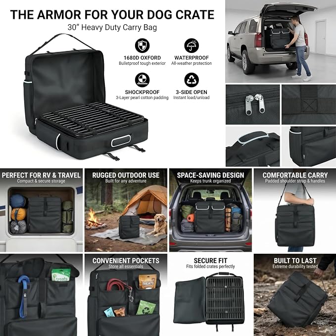 30" Dog Cage Storage Bag, Heavy Duty Waterproof 1680D Oxford & Shockproof Pearl Cotton DogCrate Carry Bag, 3-Side Open Dog Fence Carrying Bag,for Foldable Wire Crates Pet Playpen Outdoor RV Travel - Image 9
