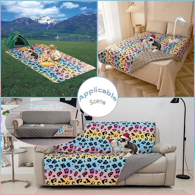 Waterproof Dog Bed Cover 30x70inch Reversible Pad Reusable Camping Mat for Kids/Pet/Dog/Cat Washable Geometric Embroidery Blanket Patchwork Rainbow Leopard Printed+Gray - Image 6