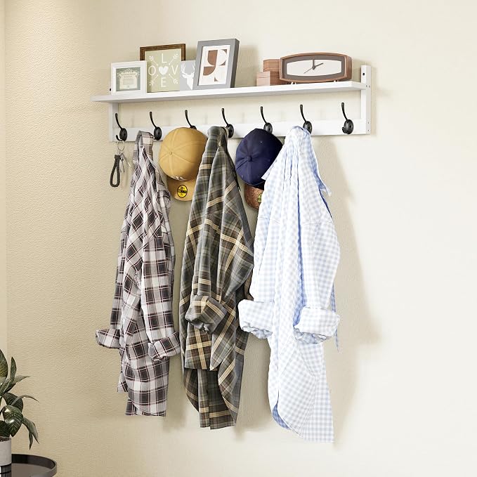 BAMEOS 35" L Wall Hooks with Shelf, Entryway Coat Hooks, Wood Wall Hanging Shelf, Wall-Mounted Coat Rack with 7 Dual Metal Hooks for Bathroom, Kitchen, Living Room, Bedroom (White) - Image 8
