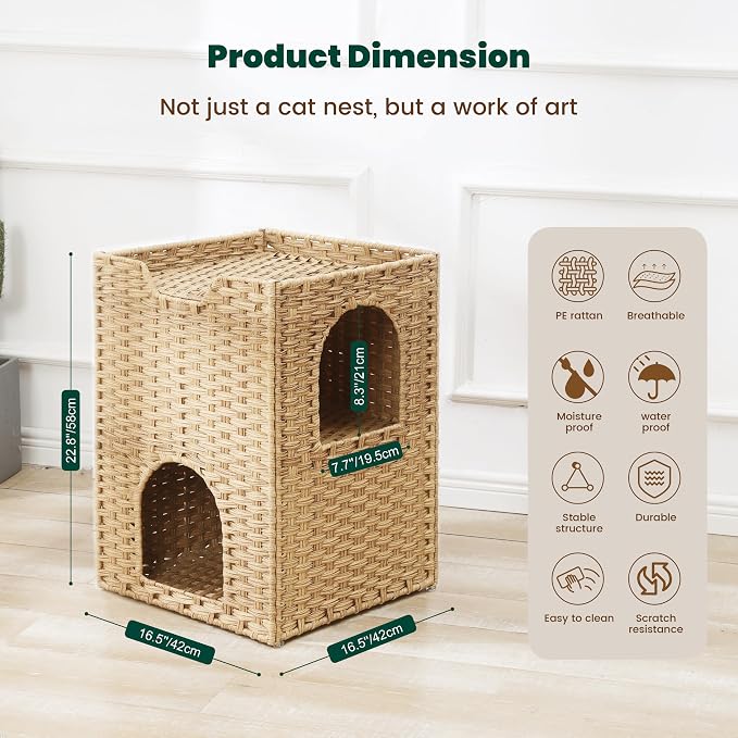 Safety Triple-Layer Cat House for Indoor Cats - Hand-Woven Rattan Cat Cave with 2 Hideaways & 3 Soft Pads - Foldable & Sturdy Cat Condo Furniture for Multiple Cats & Small Pets, Easy Assembly - Image 7