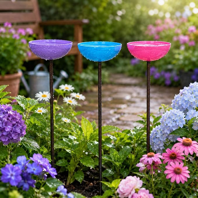 Colorful Metal Bird Bath Garden Stakes 3 Pack - Multi-Height Rustproof Outdoor Bird Feeder Water Station for Hummingbird Butterfly Bee, Decorative Yard Lawn Rain Catcher Ornament (Blue/Green/Red) - Image 9