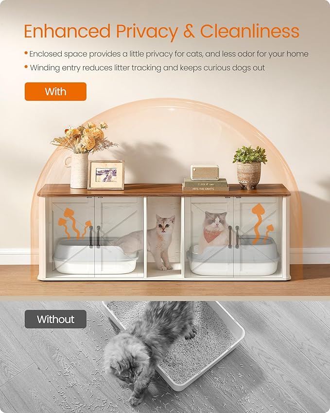 Feandrea Double Cat Litter Box Enclosure, Modern Litter Box Furniture Hidden for 2 Cats, Front Entry, Cat House, Side End Table, TV Stand, 59 x 19 x 19.5 Inches, Honey Brown, Rustic White UPCL010K01 - Image 6