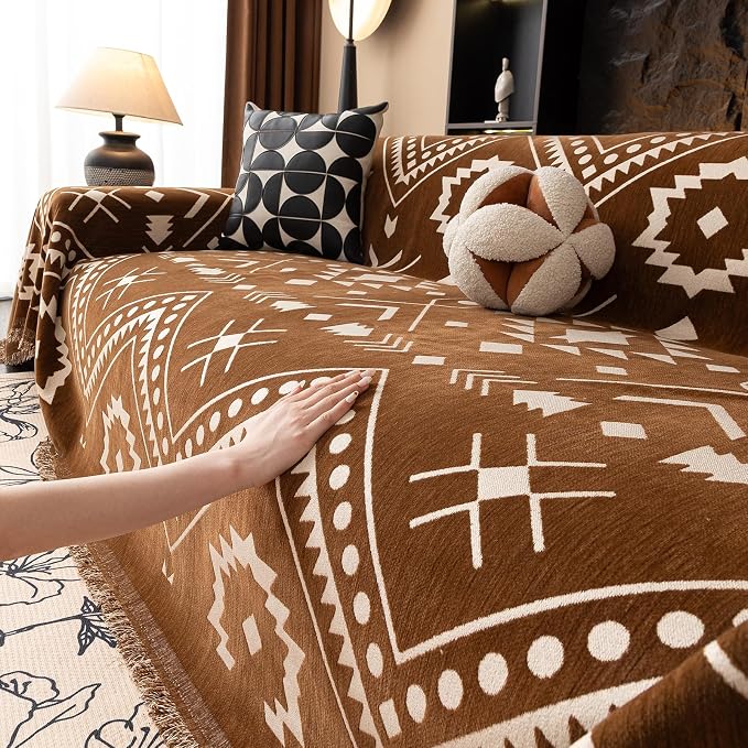VClife Boho Couch Cover - Brown White Tribal Geometric Pattern Sofa Cover for 3 Cushion Couch Sofa Anti-Slip Washable Couch Cushion Cover, Diamond Zigzag Futon Sofa Protector for Living Room Decor - Image 9