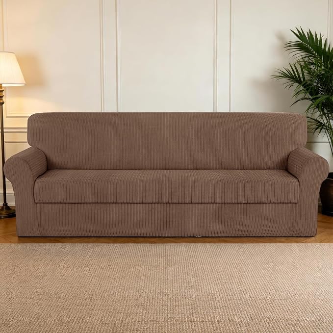 Oversized Sofa Cover Stretching Skid Resistance Couch Cover for Pets Washable, Thick and Durable Soft High Spandex Striped Pattern Sofa Covers (Oversized Sofa, Brown) - Image 7