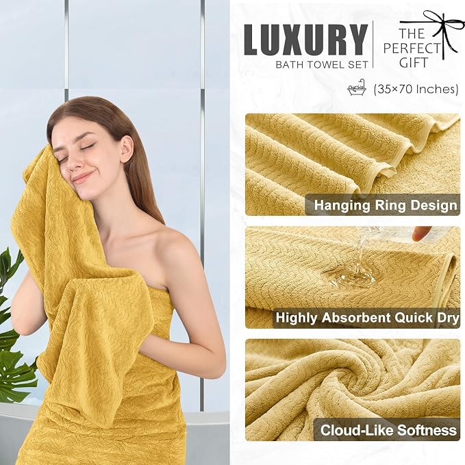 4 Piece Extra Large Bath Towel 35"x70" Oversized Bath Sheet Bath Towel Set for Bathroom Ultra Soft Cozy Highly Absorbent Quick Dry Bathroom Towel for Spa Gym Hotel,Shower Towel for Daily Use,Yellow - Image 9