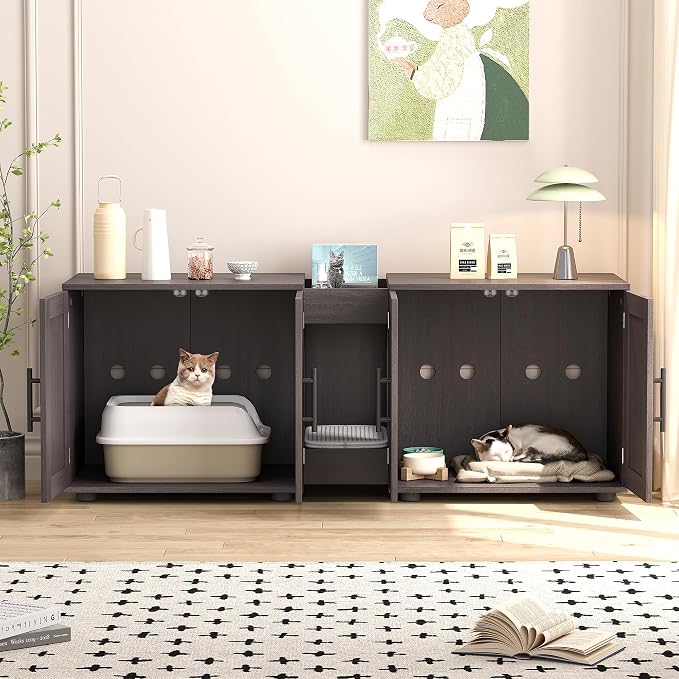 55" Large Cat Litter Box Enclosure Furniture for 2 Cats, 3-in-1 Hidden Litter Box Cabinet with Barn Door & Double Rooms, Wooden Pet Furniture for Living Room & Bedroom - Image 7