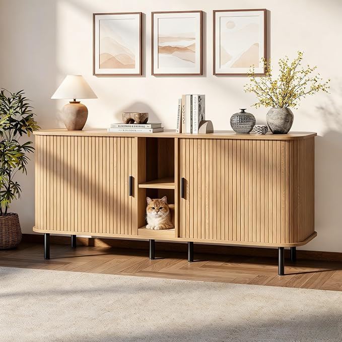 58" Double Cat Litter Box Enclosure, Large Hidden Litter Box Furniture for 2 Cats with Cat Scratch Pad, Wooden Modern Indoor Cat House with Double Room, TV Stand, Side Table, Natural - Image 9