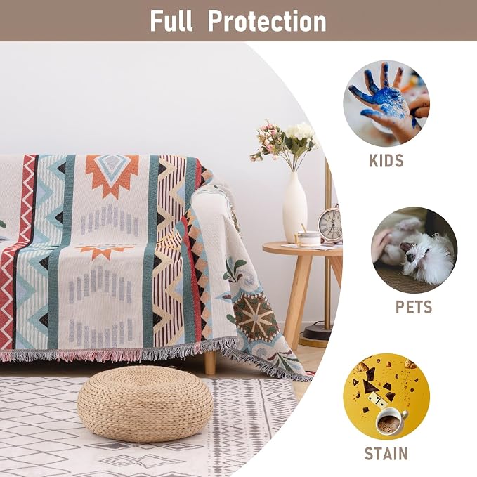 Homcosan Sofa Cover Blanket Reversible Geometrical Sectional Couch Cover Sofa Blanket for 3 Seat Boho Sofa Cover with Tassels Couch Protector for Pets, Kids, X-Large (MZ-XYT) - Image 7