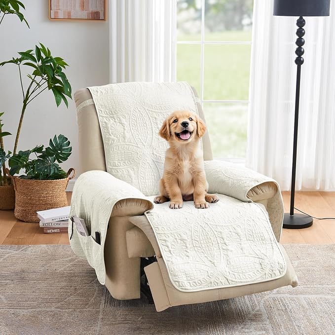 Quilted Recliner Chair Covers, Water-Repellent Slipcovers, Off White Recliner Covers Stay in Place, Pet Friendly ReclinerCover for Dogs, Washable Chair Covers (Recliner 22", Ivory White) - Image 8